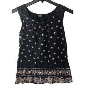 Faded Glory Black Tank Top with Cream Embroidered Dots & Border